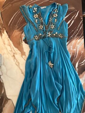 Matthew Williamson Silk Turquoise Embellished Midi Dress